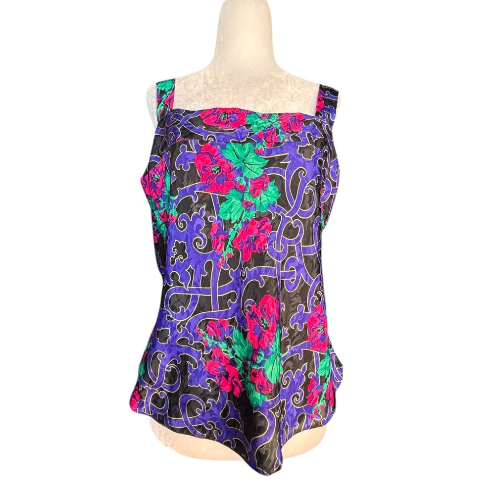 Floral Satin Tank Top Purple Pink Green Size 38 Vintage 90s Eclectic‎ Artsy